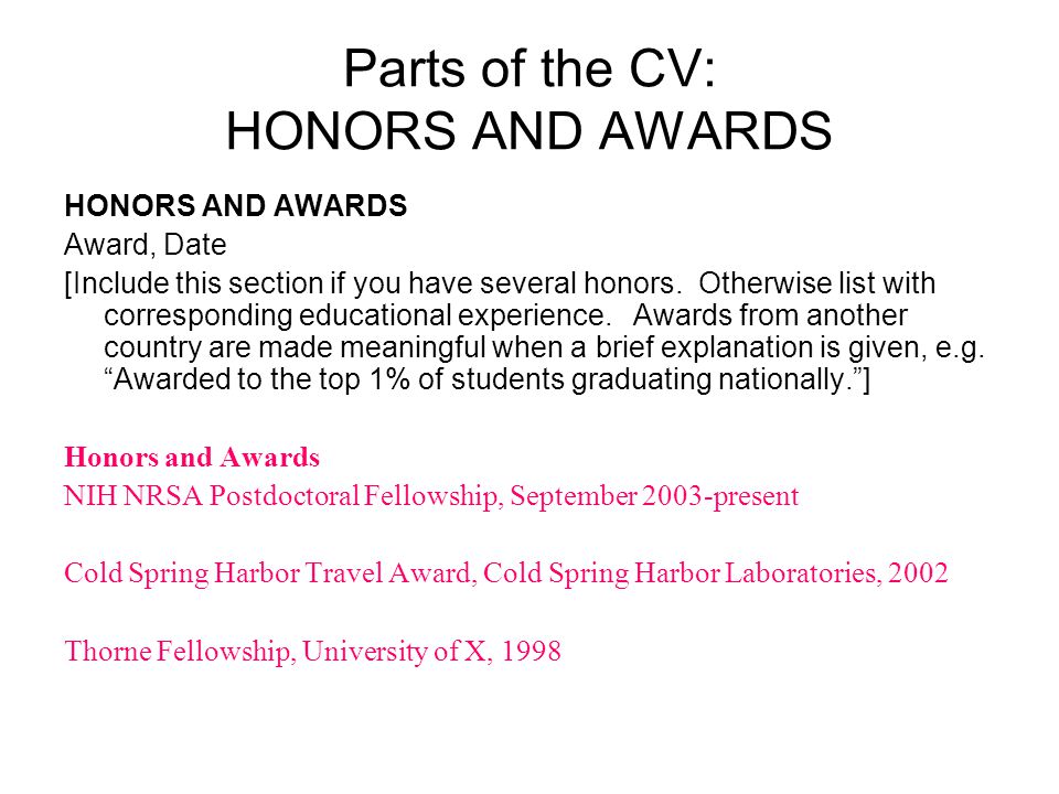 curriculum vitae awards and honors